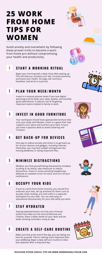 Infographic: 25 work-from-home tips for women to stay productive and healthy while working remotely.